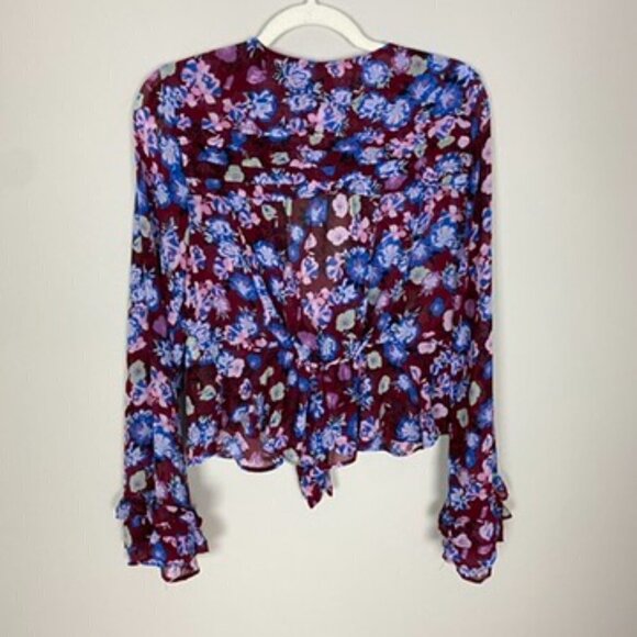 Free People Floral Maybel Blouse V Neck Long Sleeve Sheet Ruffle Shirt Womens M - Picture 7 of 8